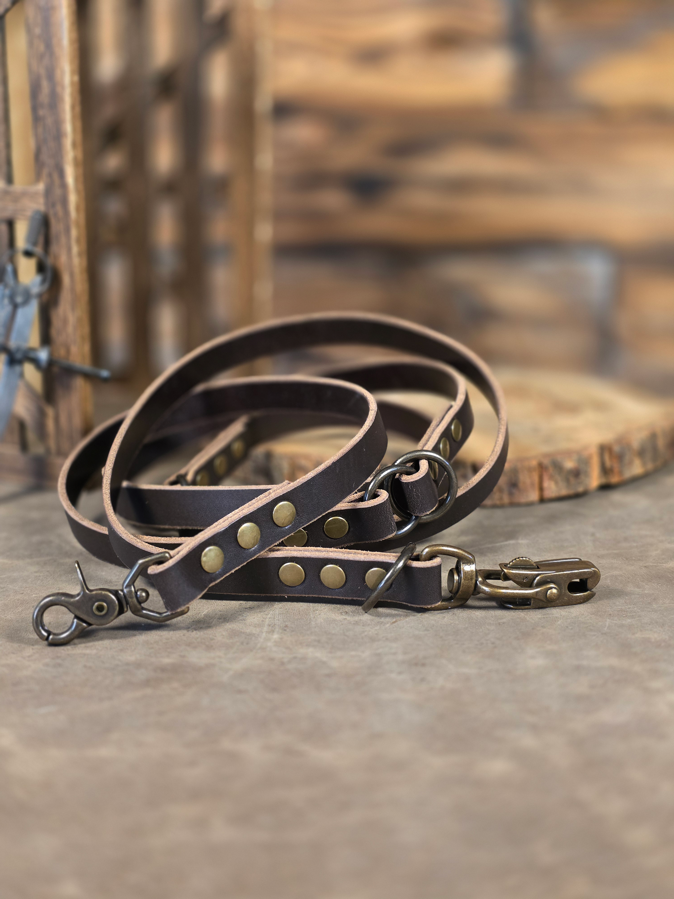 Brown leather dog leash with brass rivets and O-rings coiled on a wooden surface