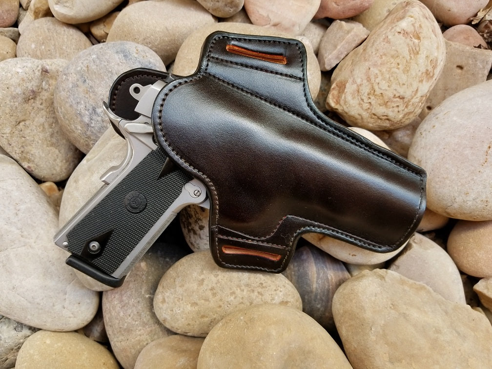 Dark brown 1911 pancake holster in a luxuriously smooth leather.