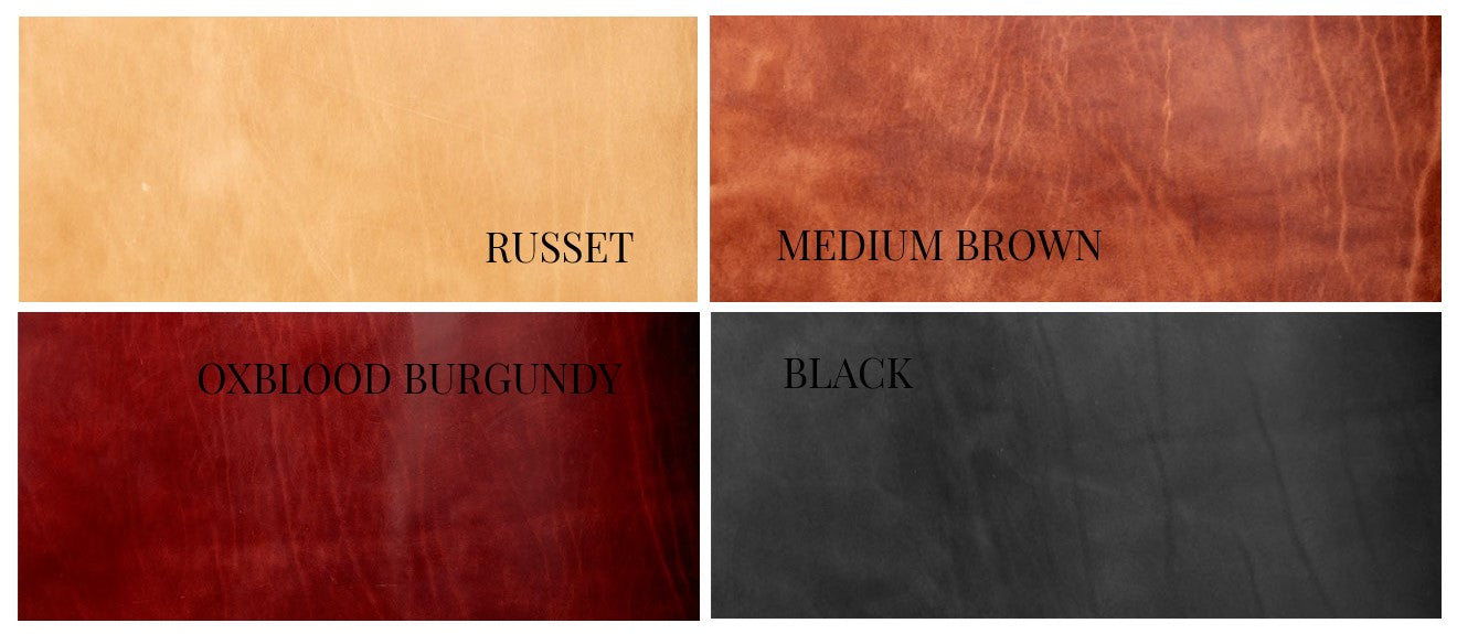 Leather color option pallete featuring russet, medium brown, oxblood burgundy, and black.