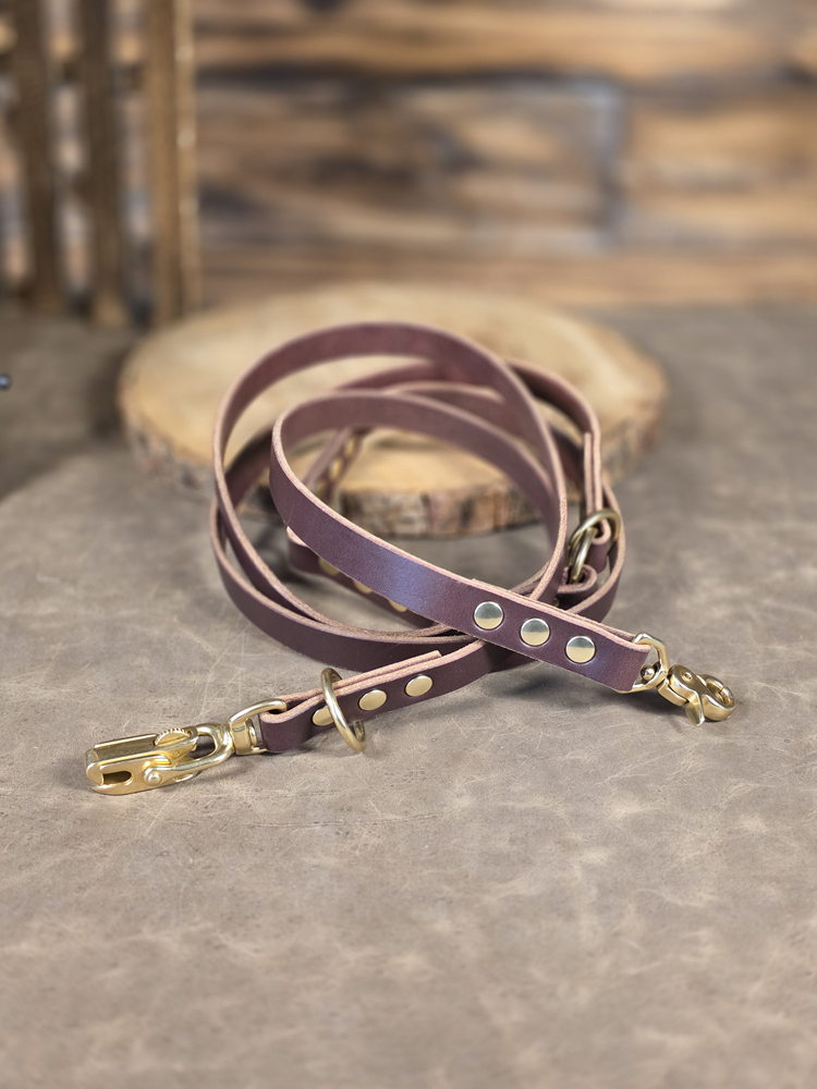 Oxblood latigo leather dog leash with brass hardware coiled on a textured leather and wood surface