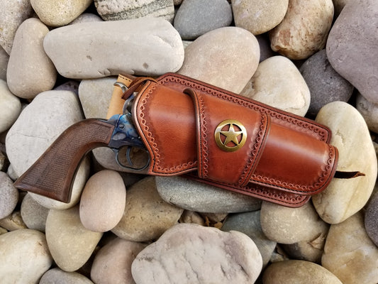 Western holster with ranger star in brown leather and antique brass accent