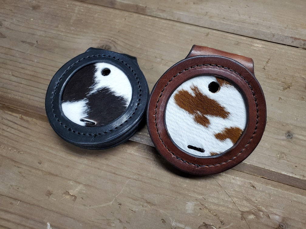 cow hide SASS badge holder in brown and black