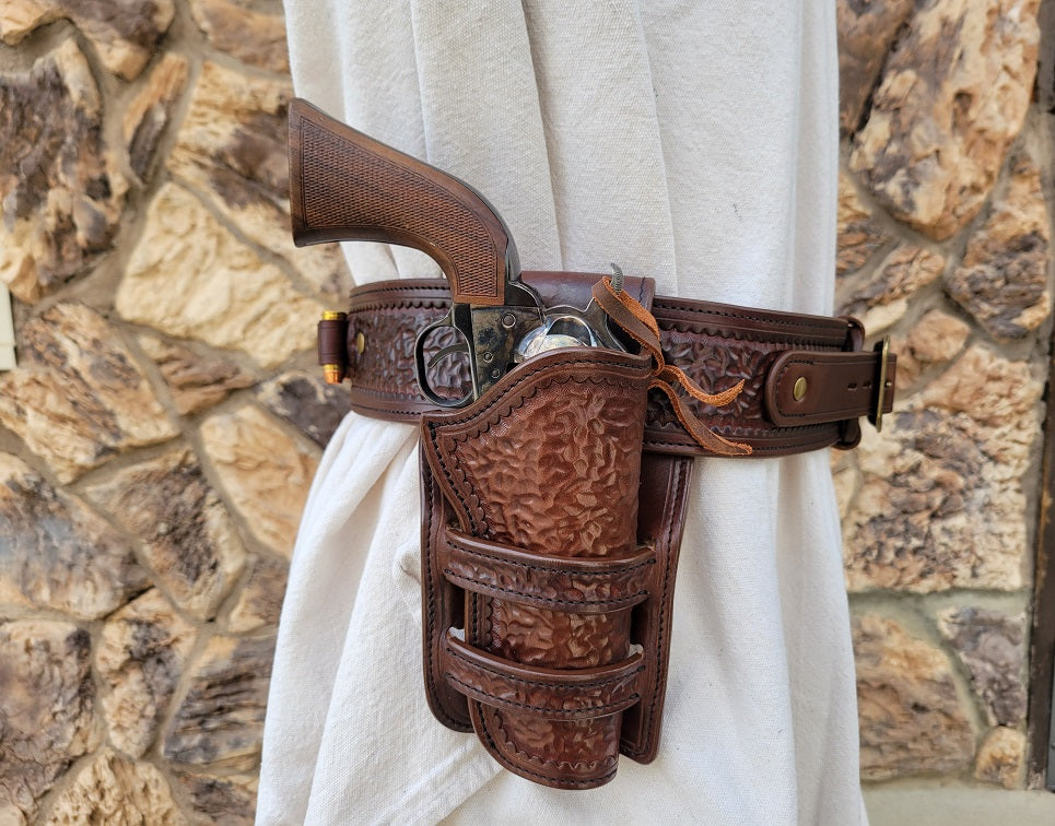 22 cal) Western Gun Belt and Holster - RH Draw - Chocolate Brown Tooled  Leather