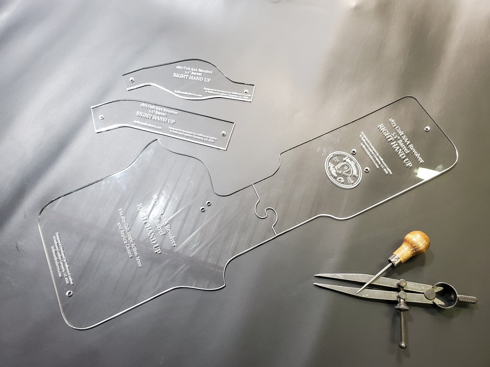 Clear 1/8" thick cast acrylic holster pattern displayed on a gray background with multiple pieces and options.  Common leathercraft tools sit near the pattern.