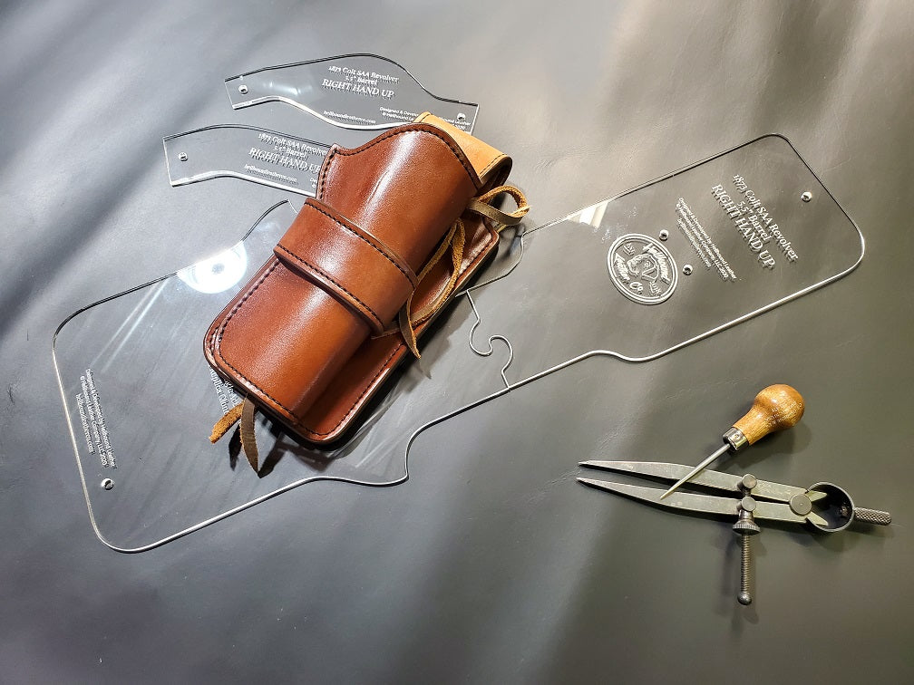 Clear acrylic holster pattern for leathercraft sitting on a gray background with a completed brown leather holster next to it. 